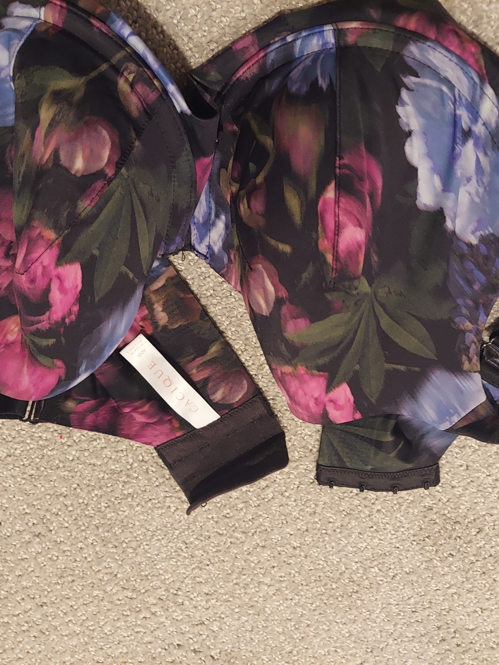 Cacique Black Floral Strapless Bra with Pink and Blue Flowers